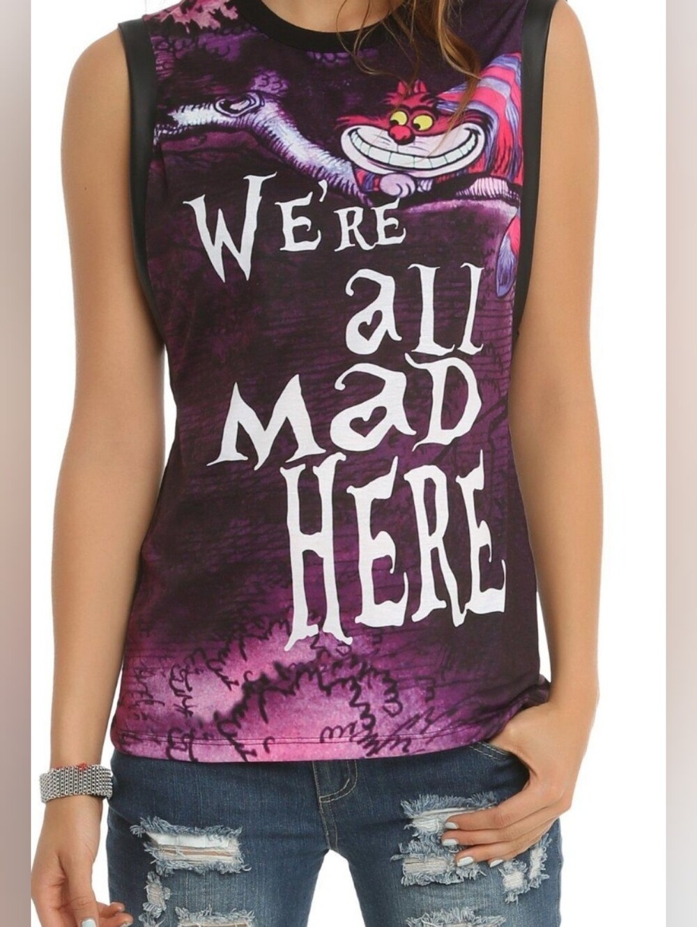 DISNEY Vivid Graphic Muscle Tank w Cheshire Cat 'We're All Mad Here' Small NEW